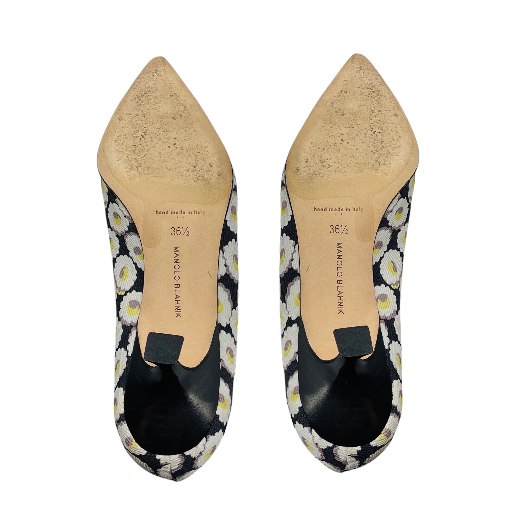 Manolo Blahnik Black / White / Yellow Daisy Print Pointed Toe Canvas Pumps