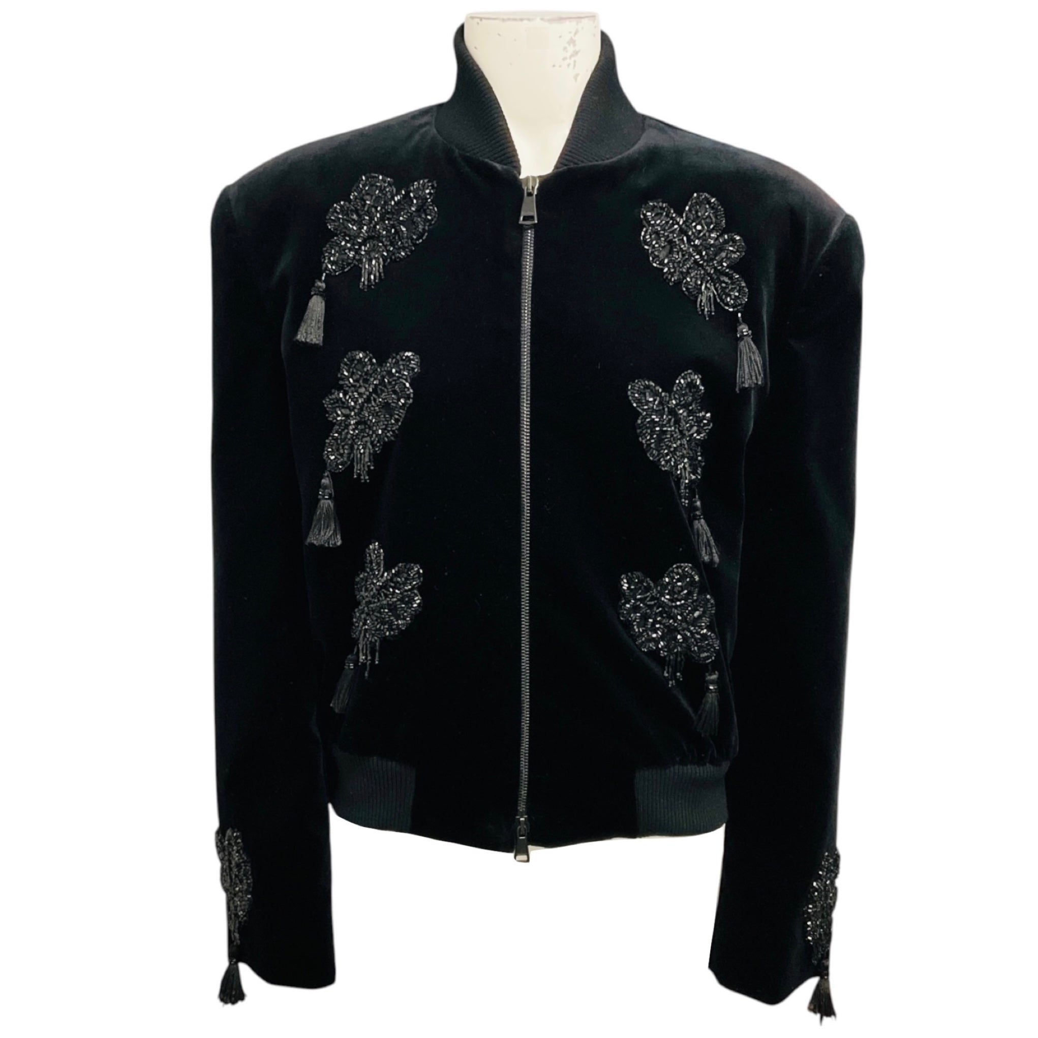 Max Mara Sfilata Black Bead and Tassel Embellished Zip Front Velvet Jacket