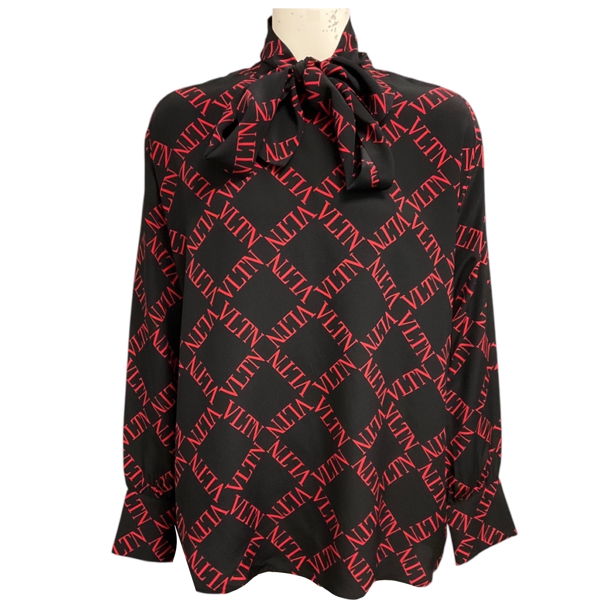 Valentino Black / Red Logo Print Silk Blouse