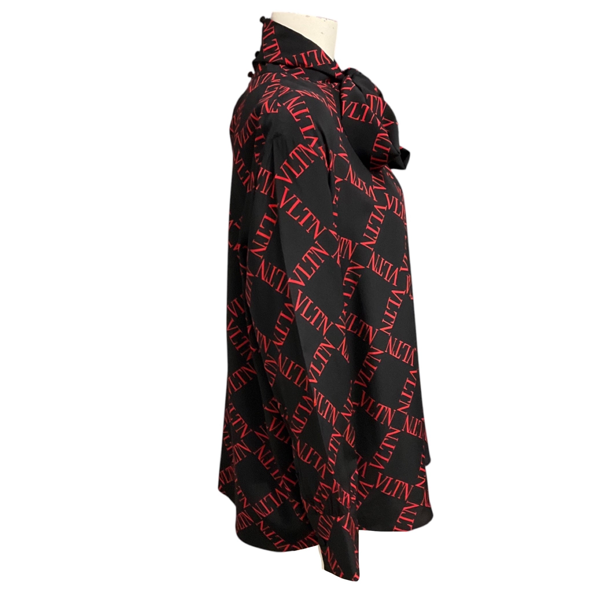 Valentino Black / Red Logo Print Silk Blouse