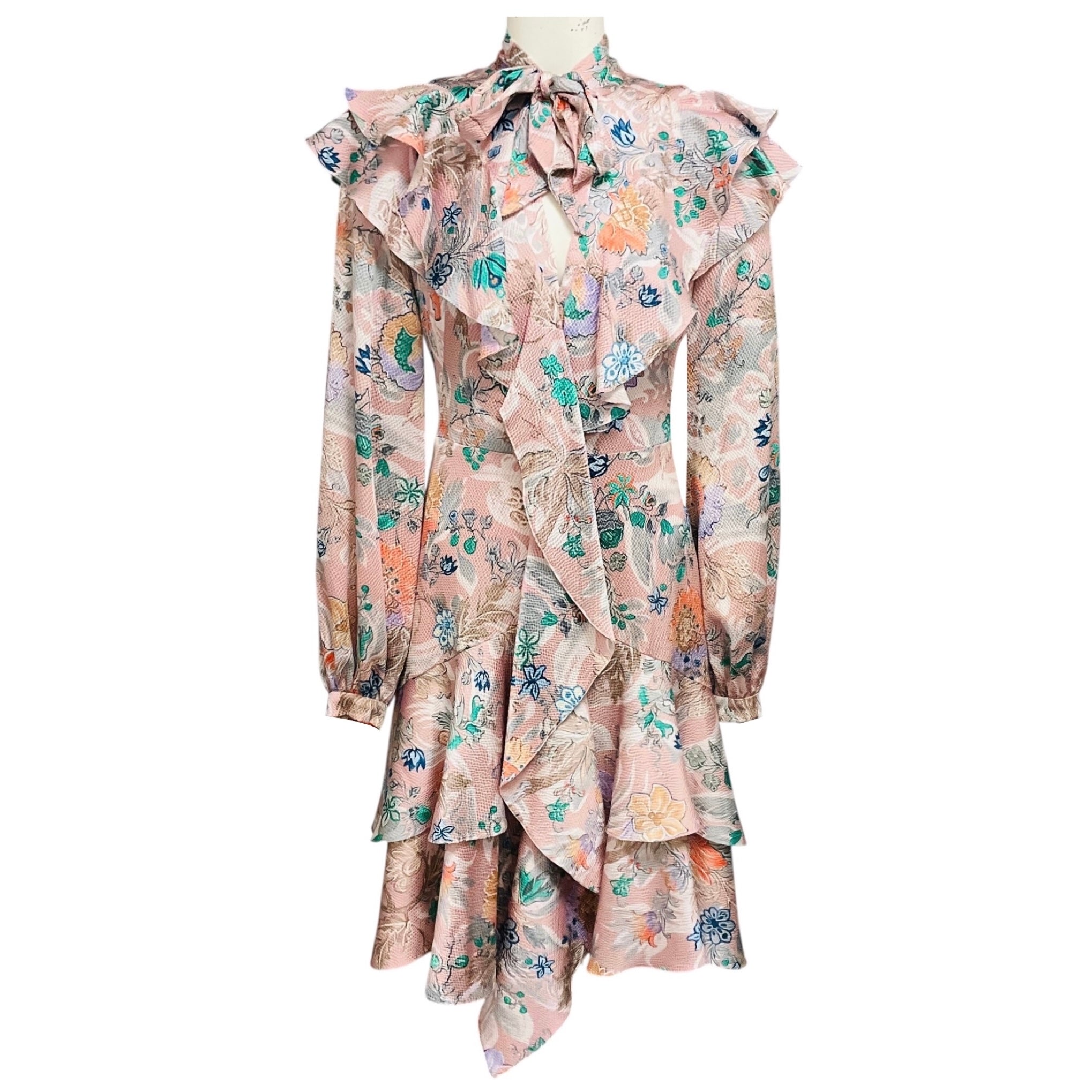 Peter Pilotto Light Pink Multi Tie Neck Ruffled Floral Printed Silk Dress