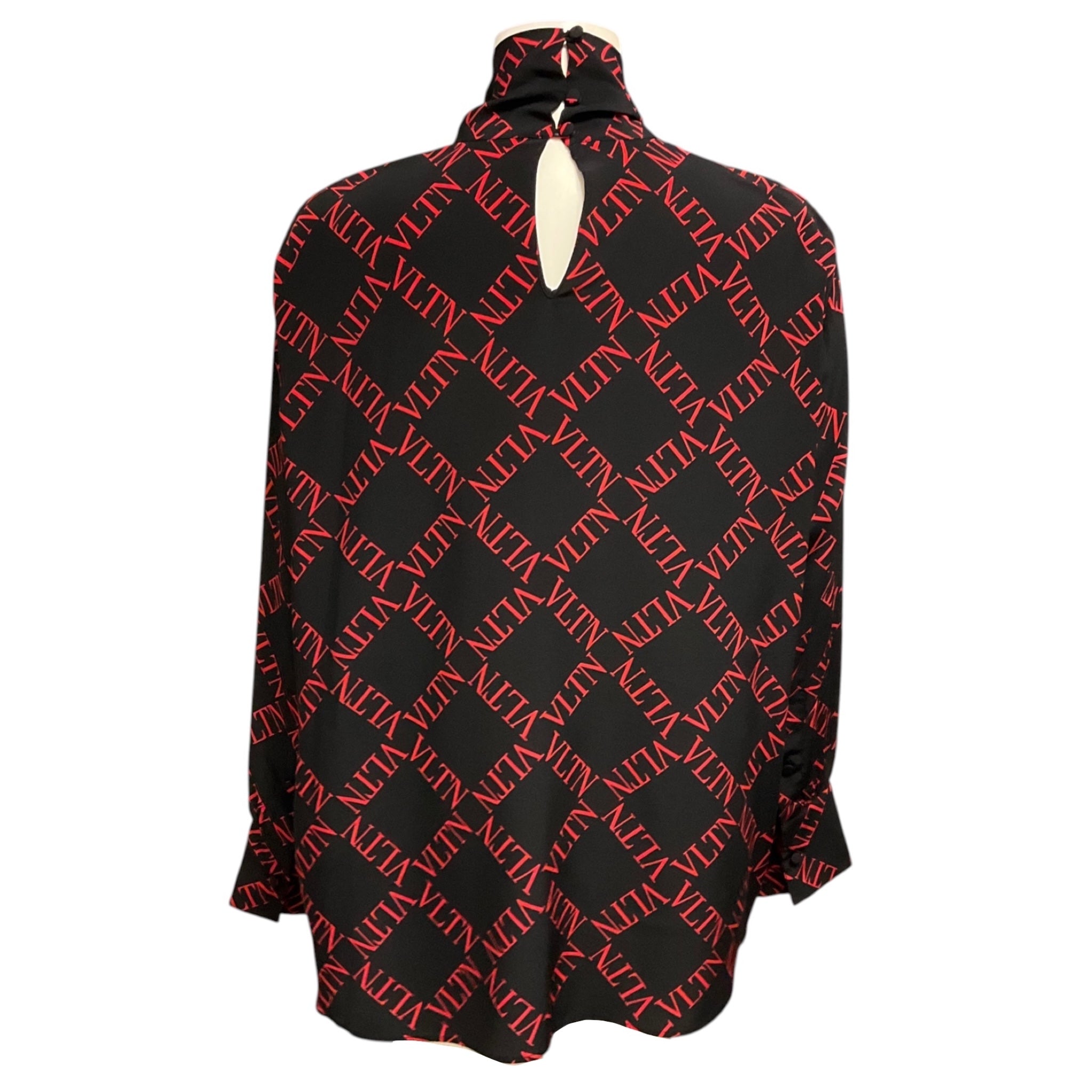 Valentino Black / Red Logo Print Silk Blouse