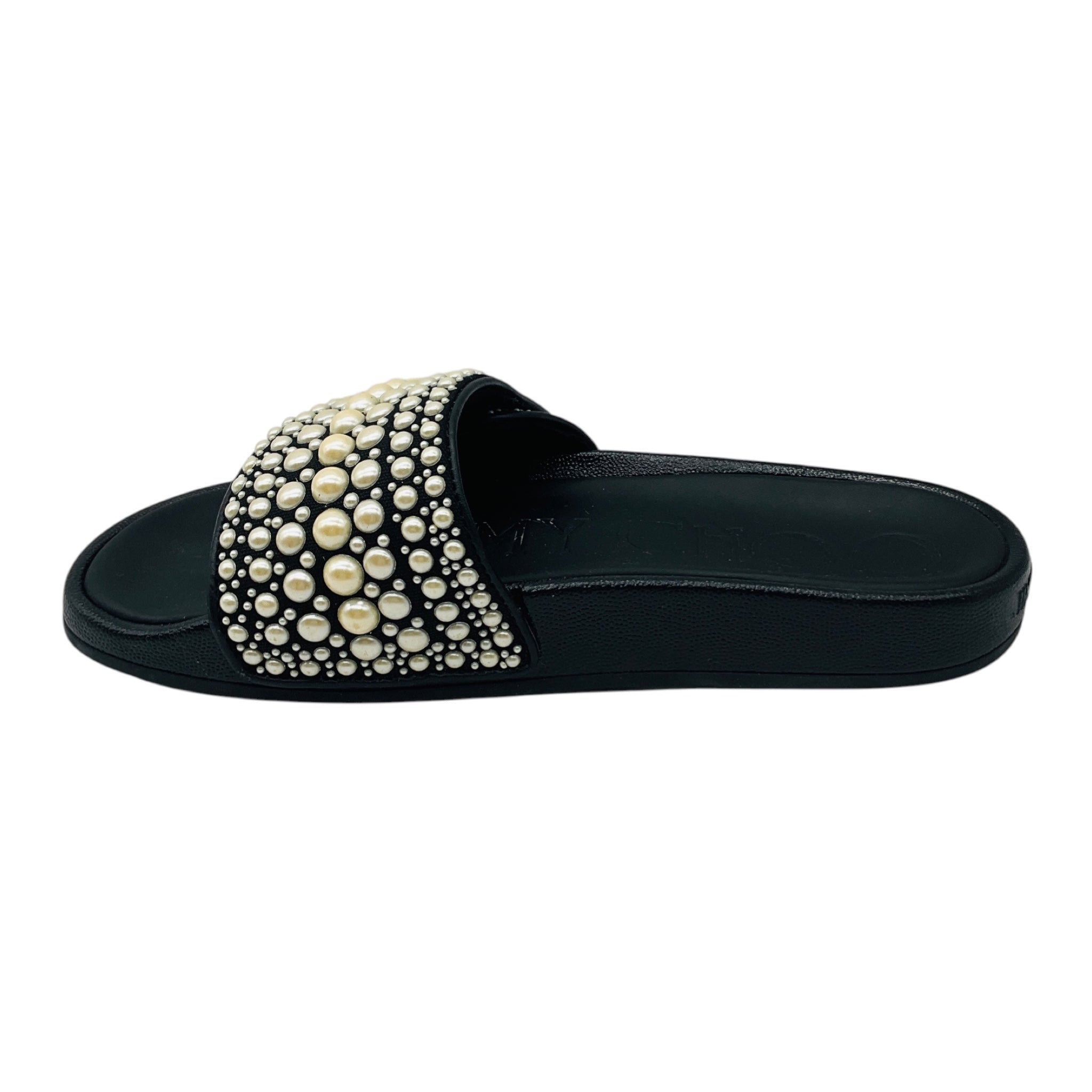 Jimmy Choo Black Fitz Pearl Embellished Canvas and Leather Slide Sandals