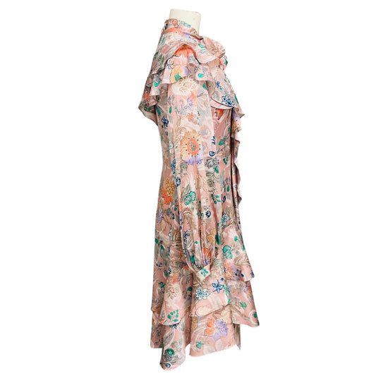 Peter Pilotto Light Pink Multi Tie Neck Ruffled Floral Printed Silk Dress