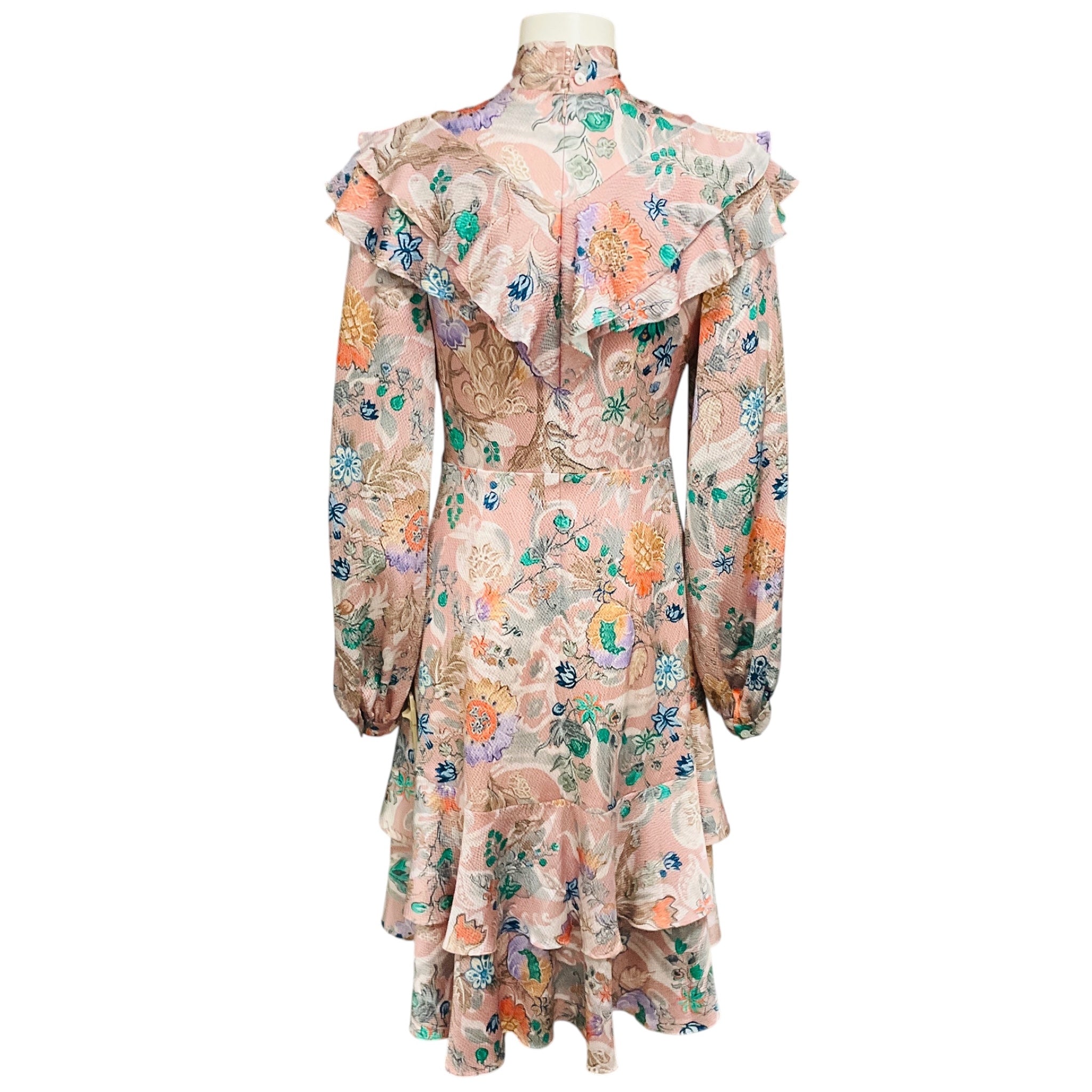 Peter Pilotto Light Pink Multi Tie Neck Ruffled Floral Printed Silk Dress