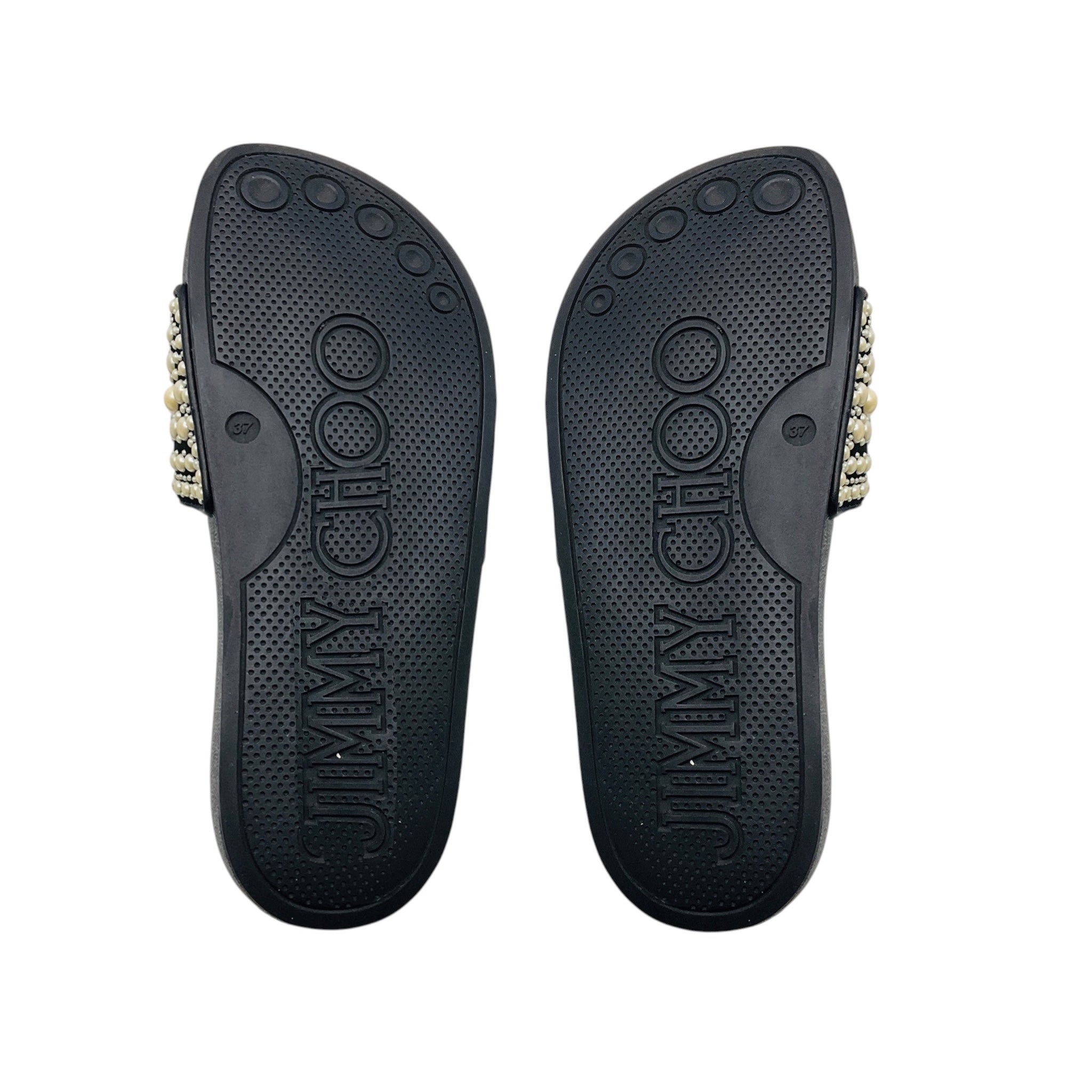 Jimmy Choo Black Fitz Pearl Embellished Canvas and Leather Slide Sandals