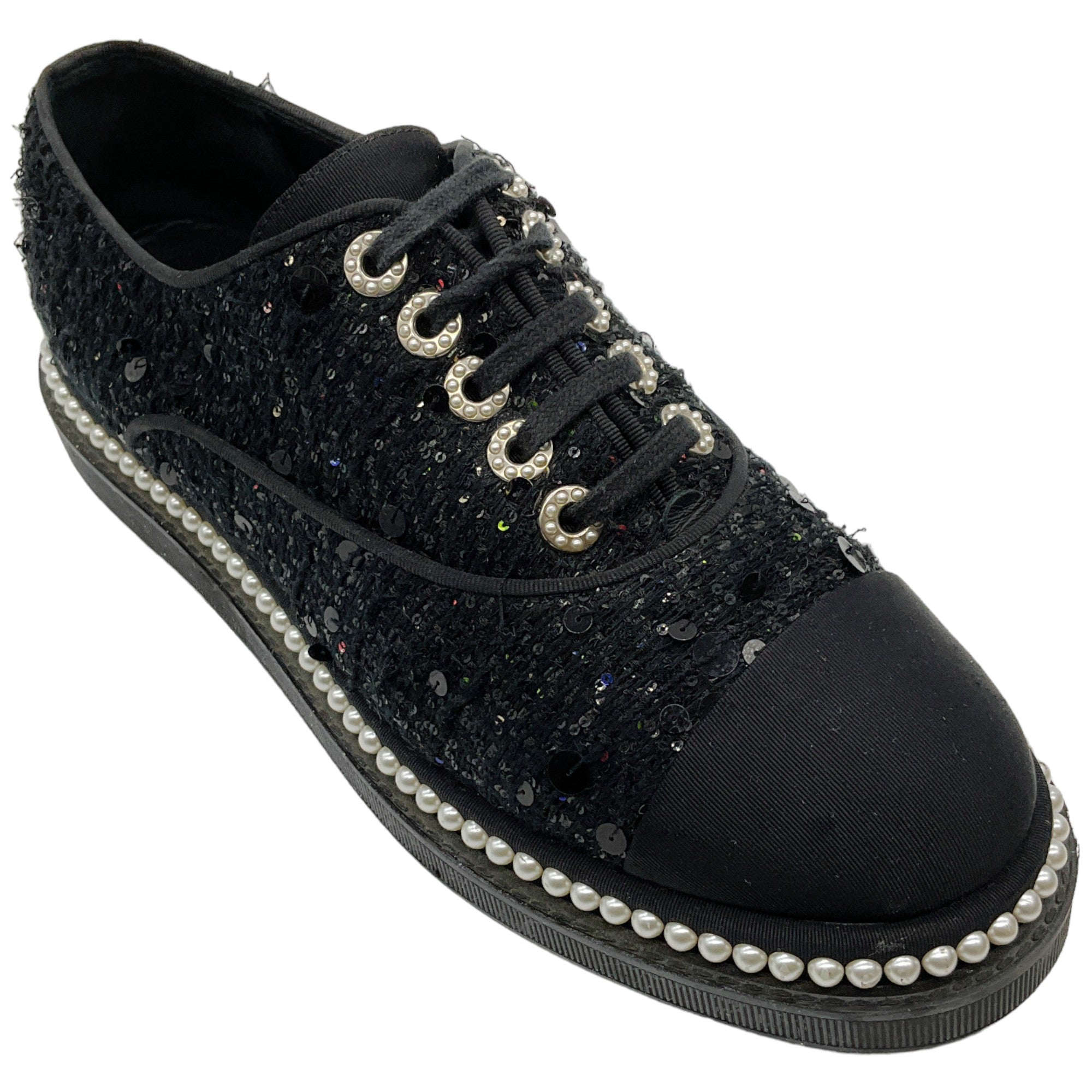 Chanel Black Sequined Lace Up Oxfords with Pearls
