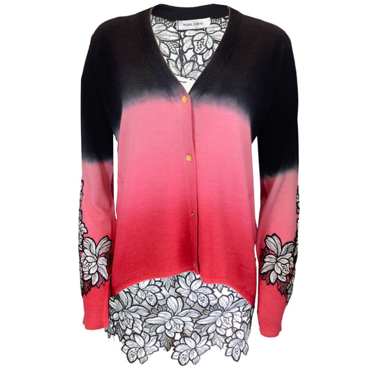 Prabal Gurung Pink / Black Multi Floral Lace Detail Wool and Cashmere Knit Cardigan Sweater
