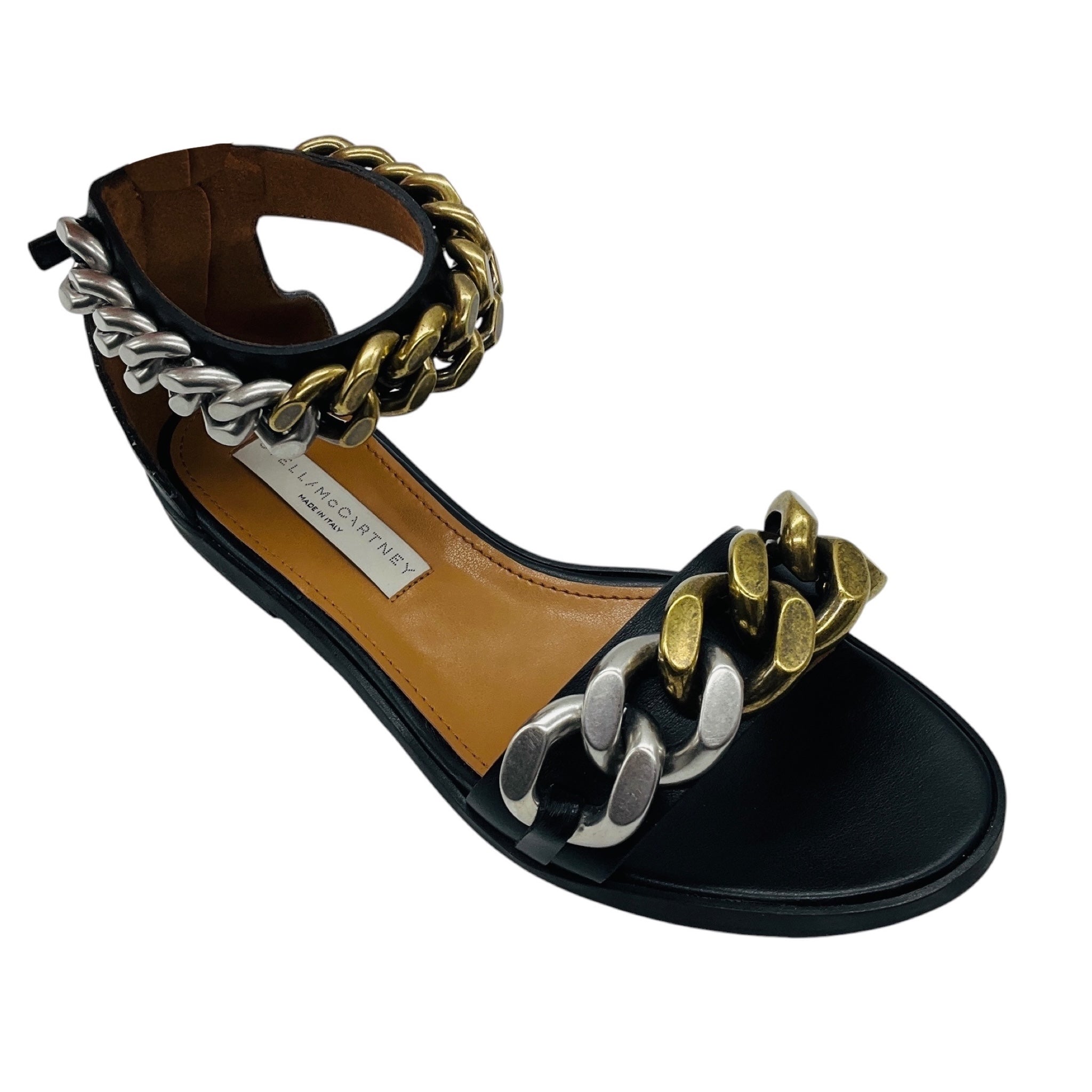 Stella McCartney Black / Silver / Gold Falabella Two Tone Chain Embellished Sandals