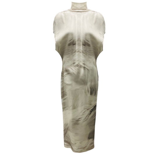 Brandon Maxwell White / Grey Striations Evie Silk Midi Shift Dress with Neck Scarf