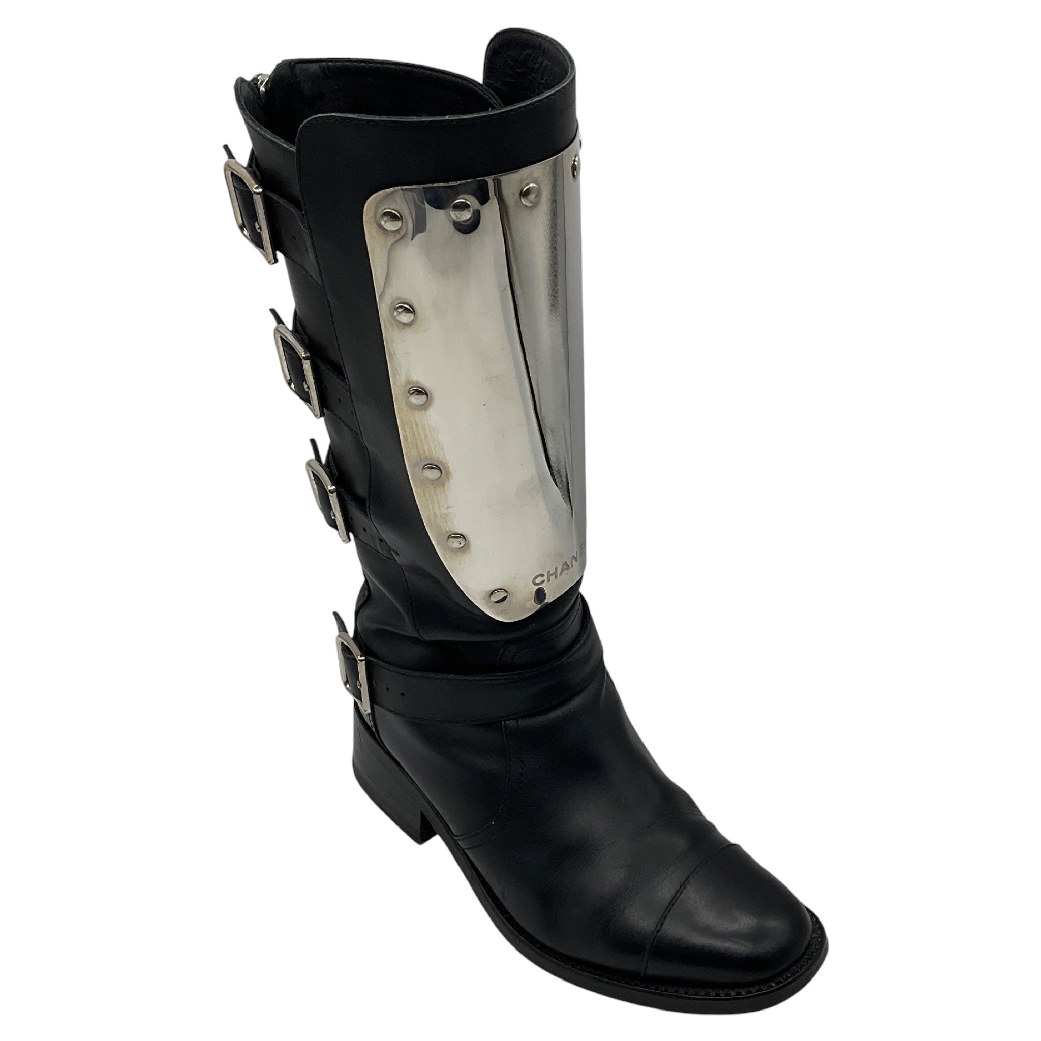Chanel Black / Silver Metal Plaque Leather Biker Boots