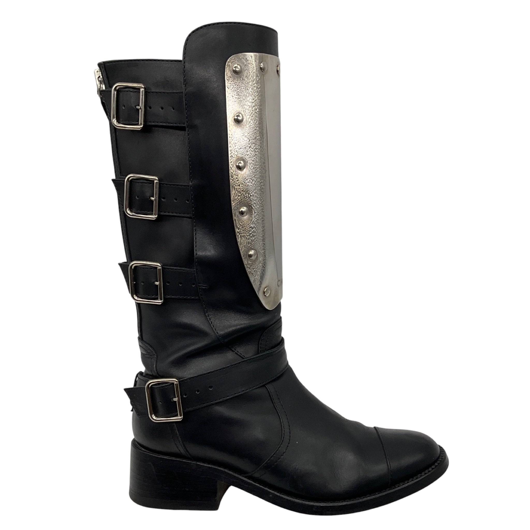 Chanel Black / Silver Metal Plaque Leather Biker Boots