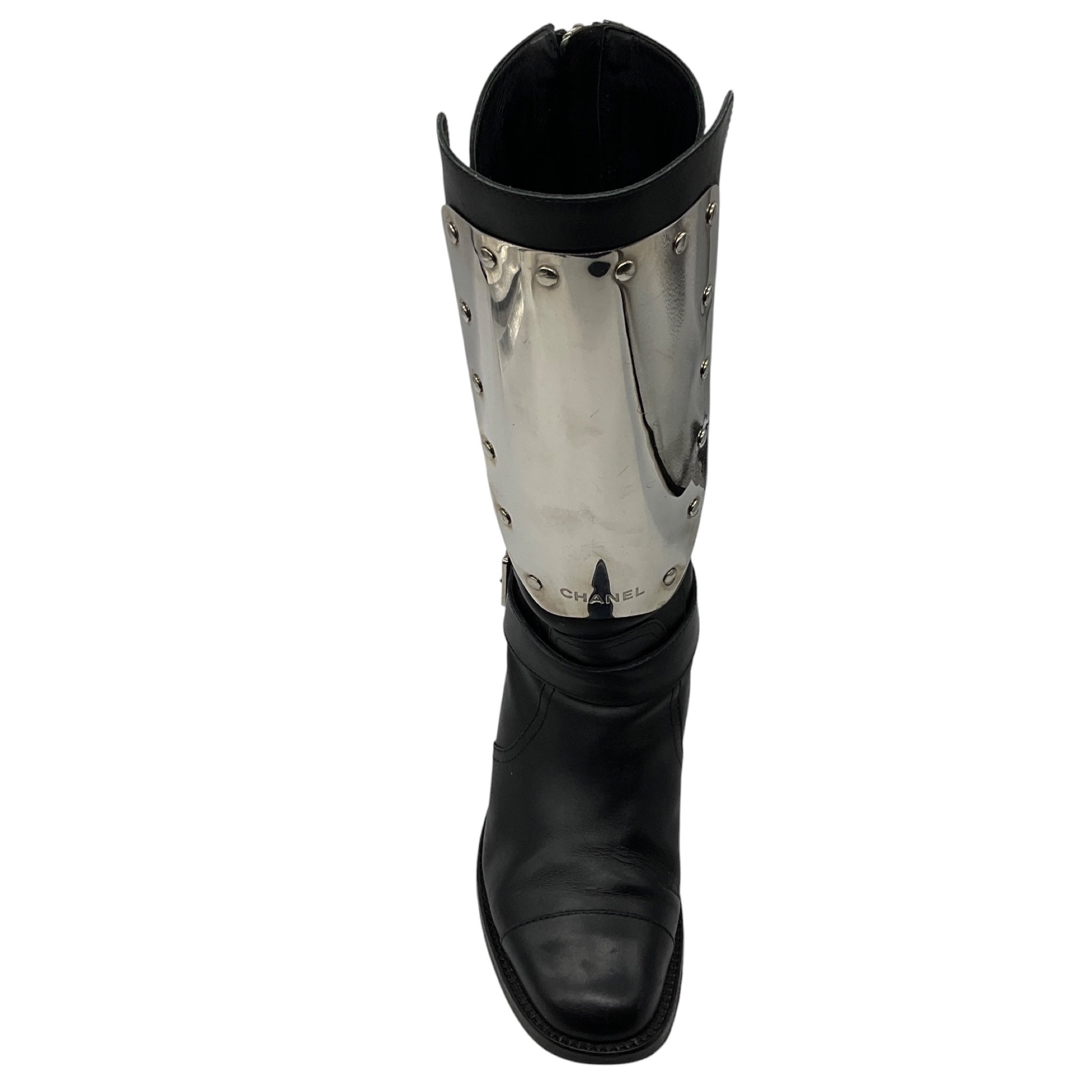 Chanel Black / Silver Metal Plaque Leather Biker Boots