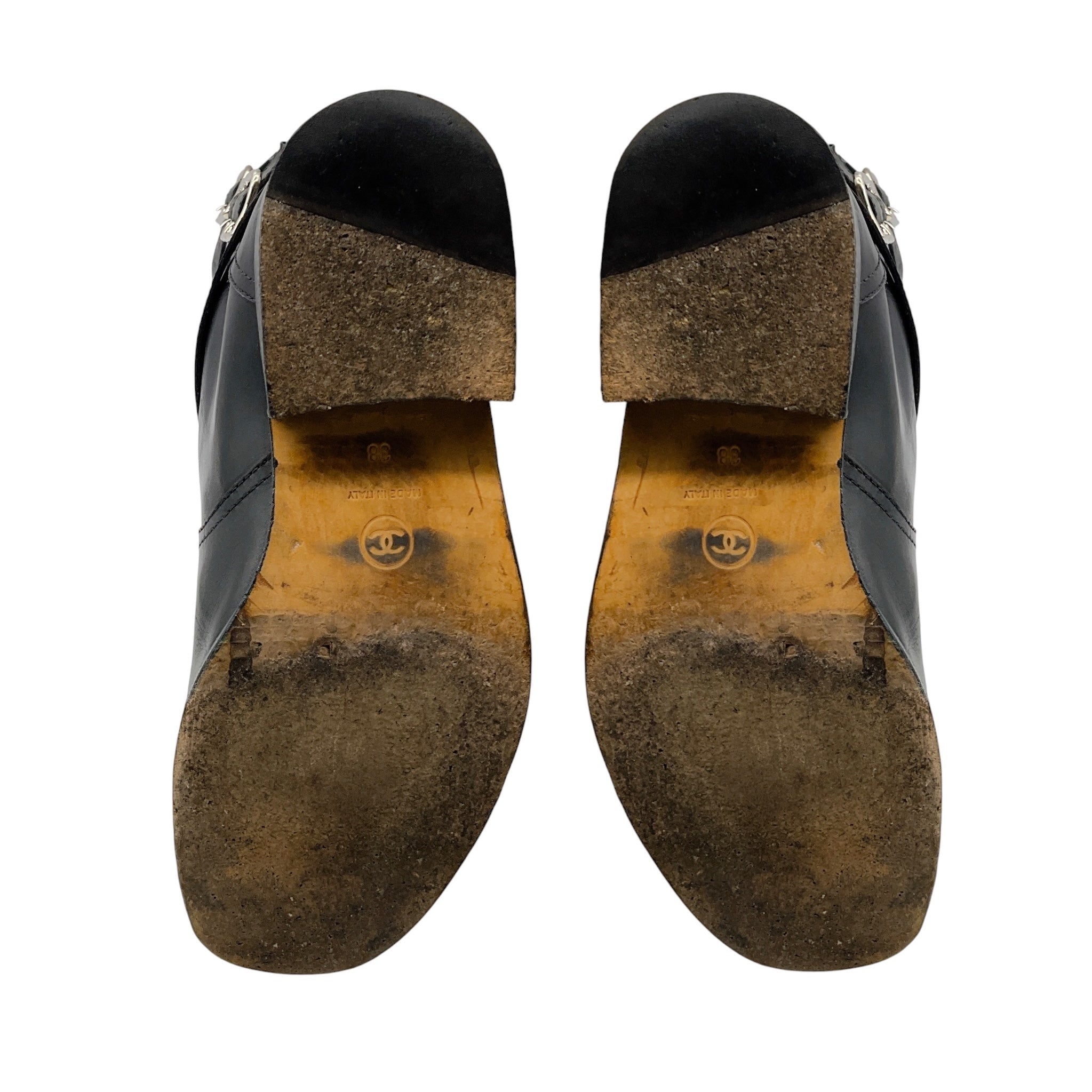 Chanel Black / Silver Metal Plaque Leather Biker Boots