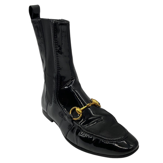 Gucci Black / Gold Horsebit Detail Patent Leather Pull On Ankle Boots