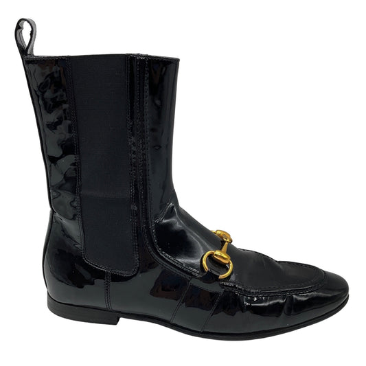 Gucci Black / Gold Horsebit Detail Patent Leather Pull On Ankle Boots