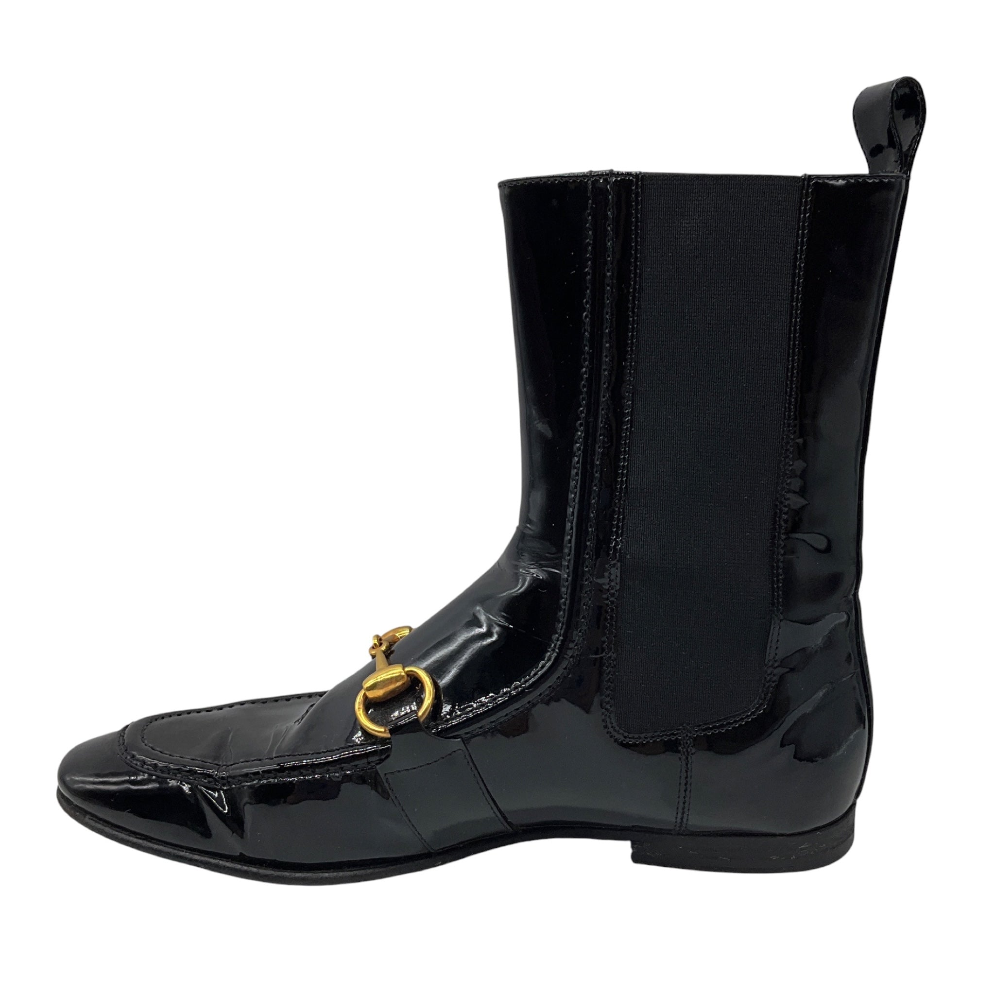 Gucci Black / Gold Horsebit Detail Patent Leather Pull On Ankle Boots