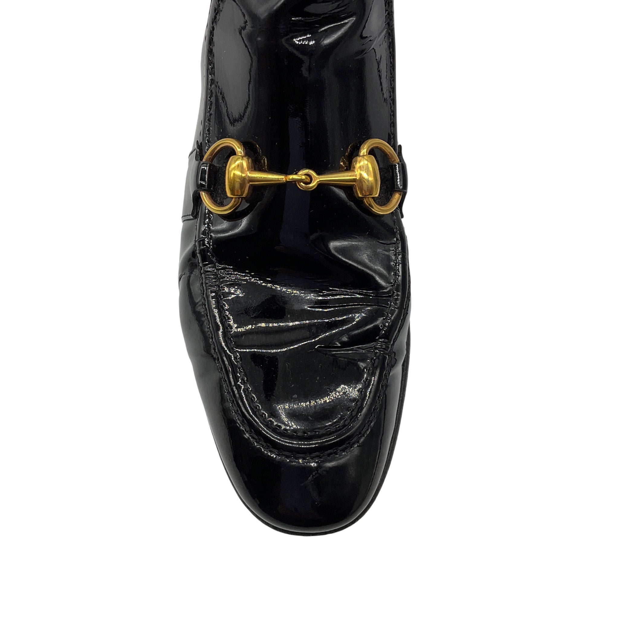 Gucci Black / Gold Horsebit Detail Patent Leather Pull On Ankle Boots