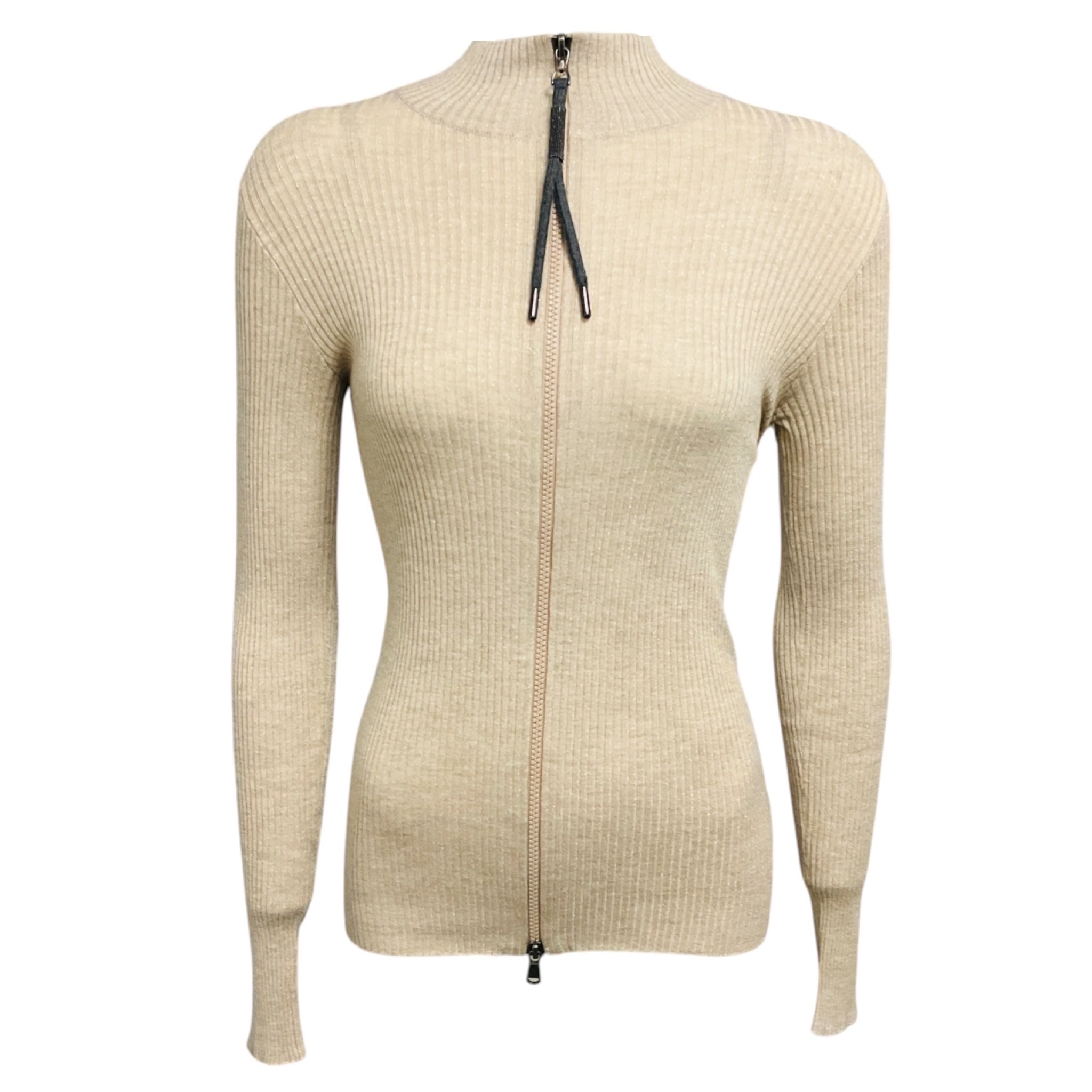 Brunello Cucinelli Beige / Gold Metallic Shimmer Long Sleeved Zipped Top