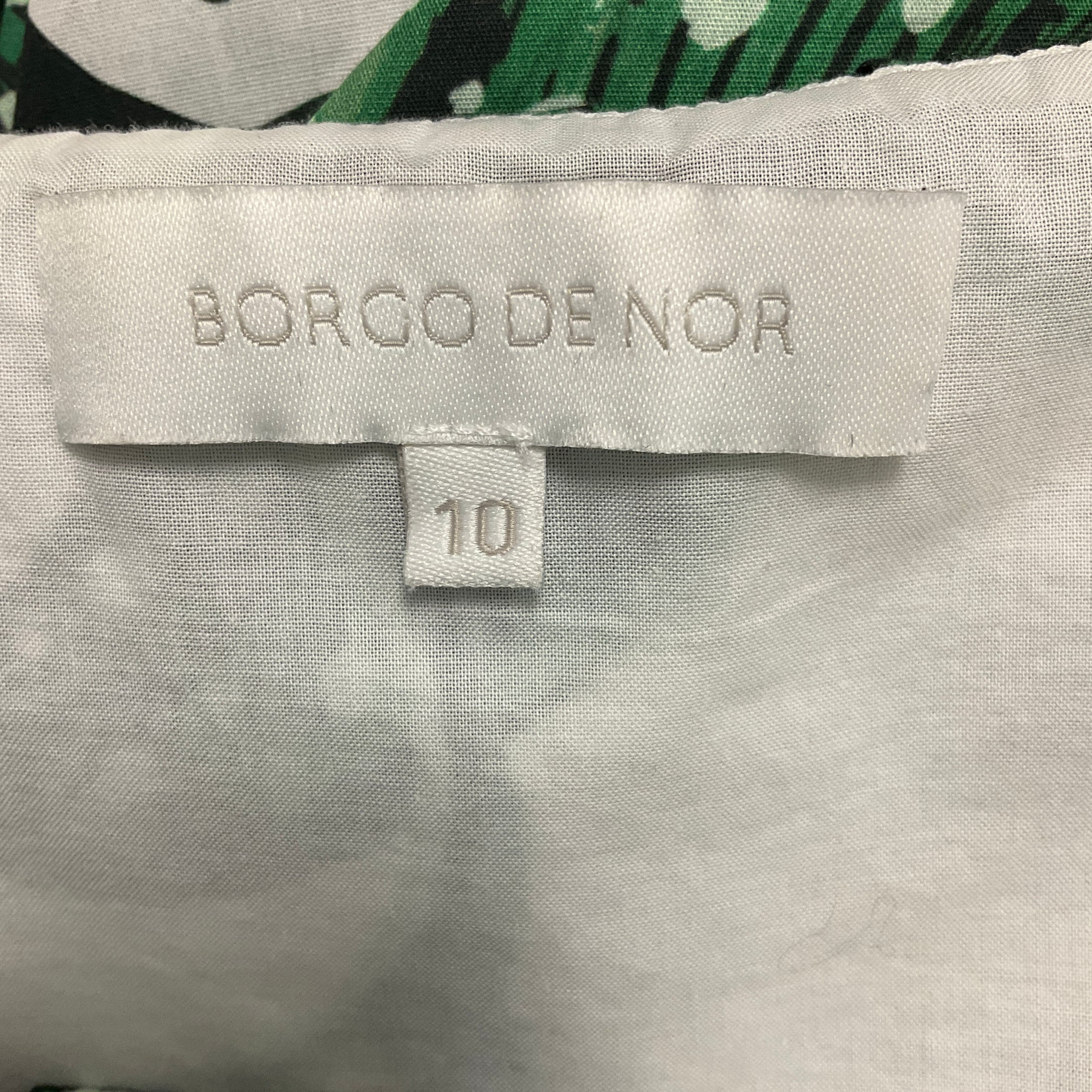 Borgo de Nor Green / White Leaf Print Cotton Midi Dress with Belt