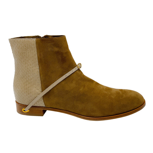 Jennifer Chamandi Tan Suede and Snakeskin Print Ankle Booties