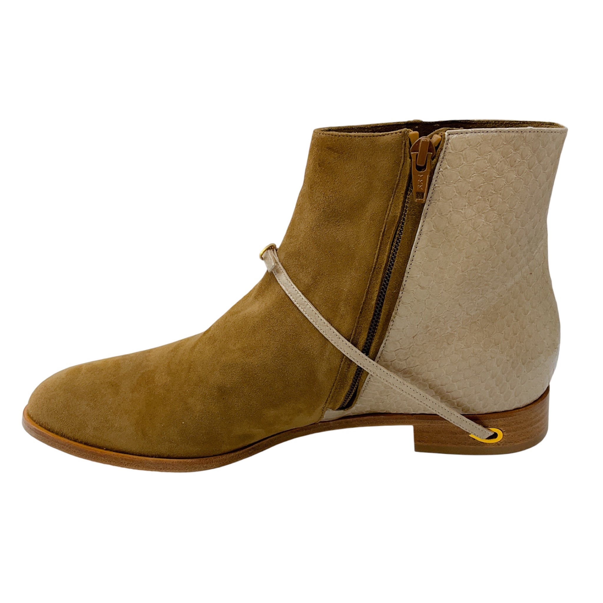 Jennifer Chamandi Tan Suede and Snakeskin Print Ankle Booties