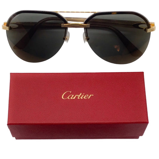 Cartier Dark Green / Shiny Gold / Green Semi Rimless Metal and Plastic Aviator Sunglasses