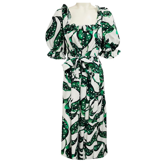 Borgo de Nor Green / White Leaf Print Cotton Midi Dress with Belt