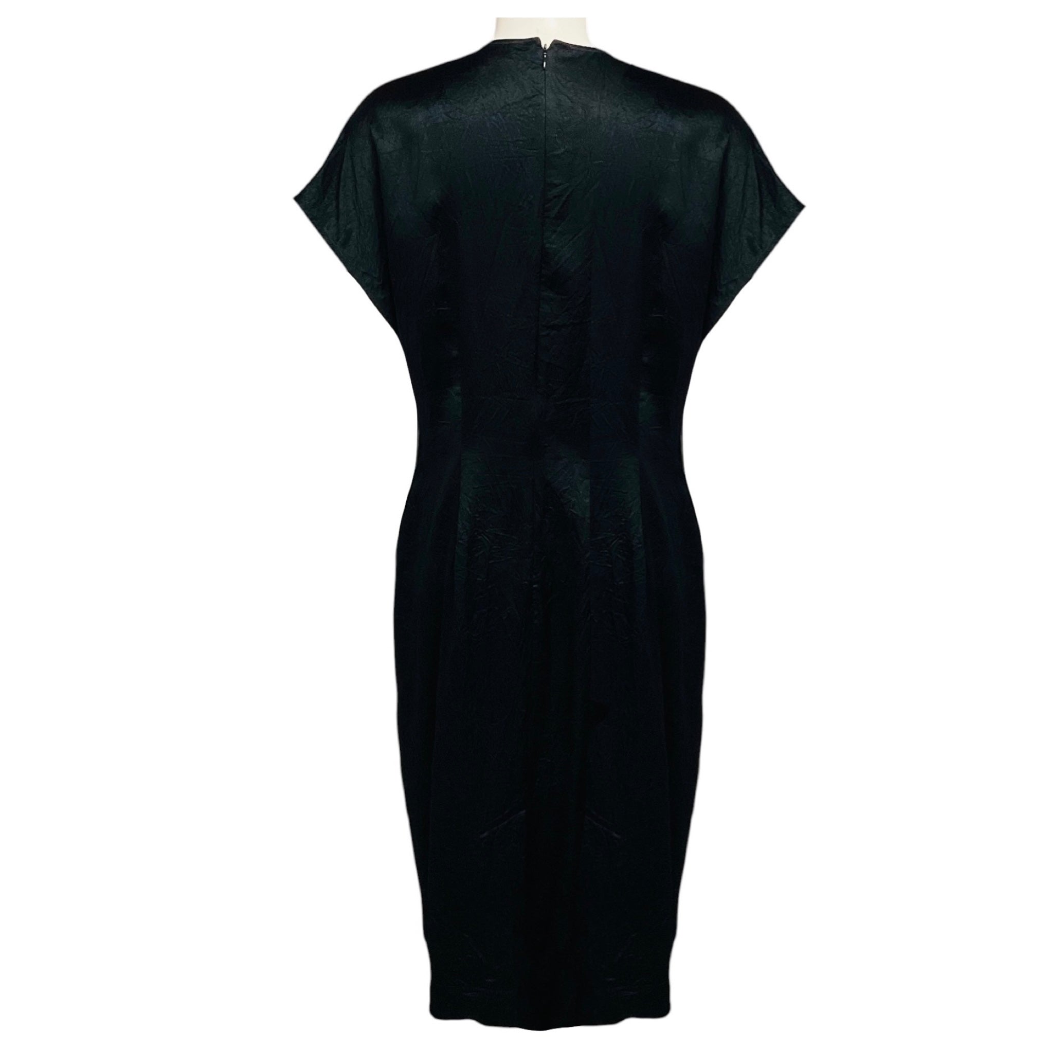 Lee Mathews Black Crinkled Short Sleeved Satin Midi Dress