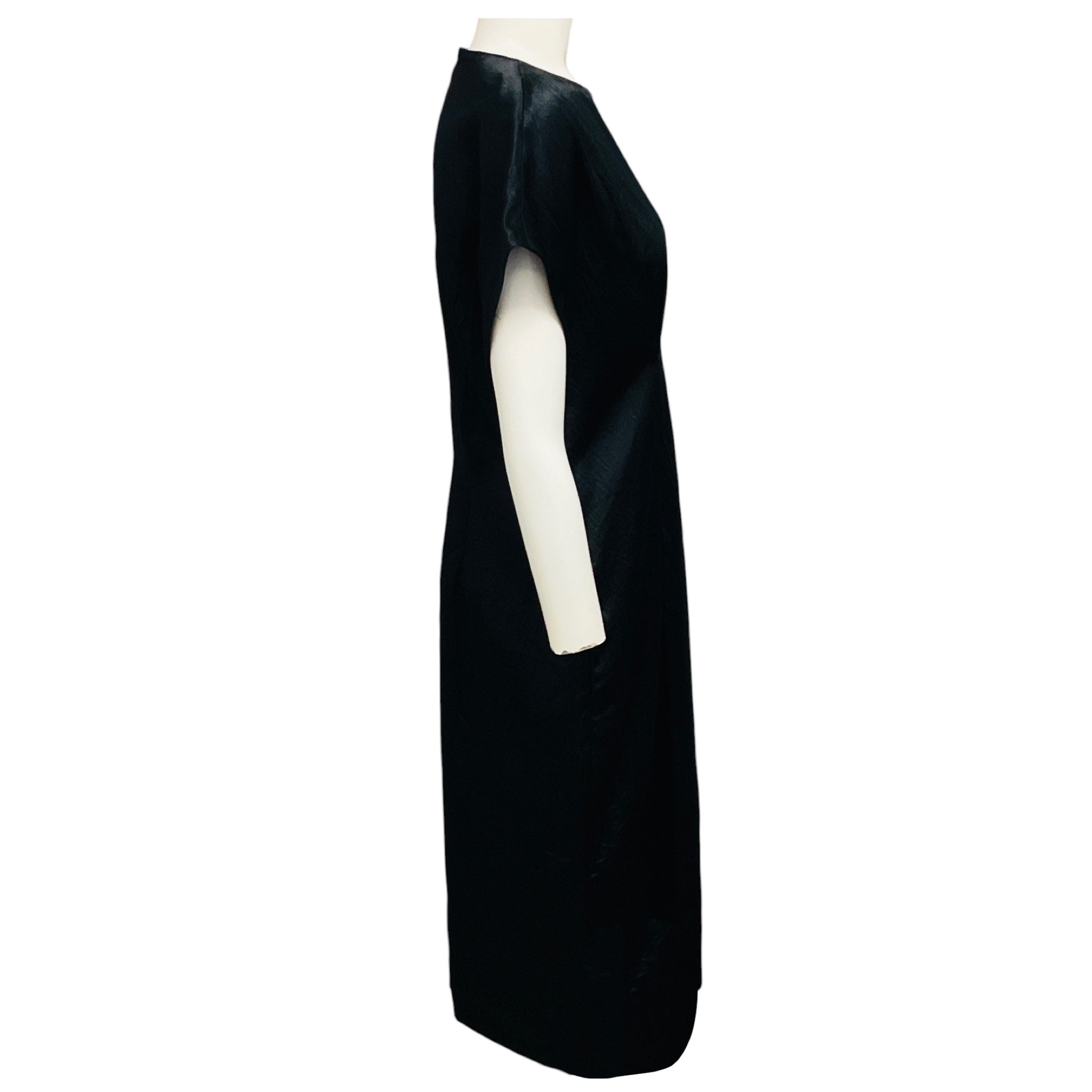 Lee Mathews Black Crinkled Short Sleeved Satin Midi Dress