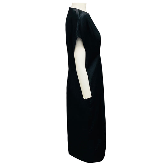 Lee Mathews Black Crinkled Short Sleeved Satin Midi Dress