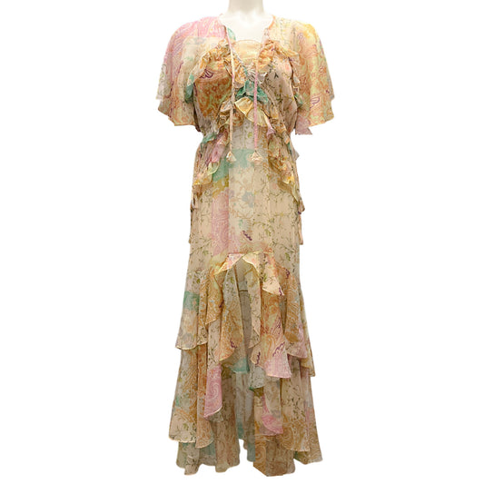 Misa Beige / Pink Multi Printed Long Chiffon Dress