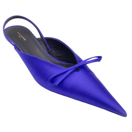 Balenciaga Cobalt Blue Bow Detail Pointed Toe Low Heel Satin Slingback Pumps