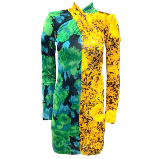 Richard Quinn Yellow / Green / Blue Multi 2019 Printed Long Sleeved Velvet Dress