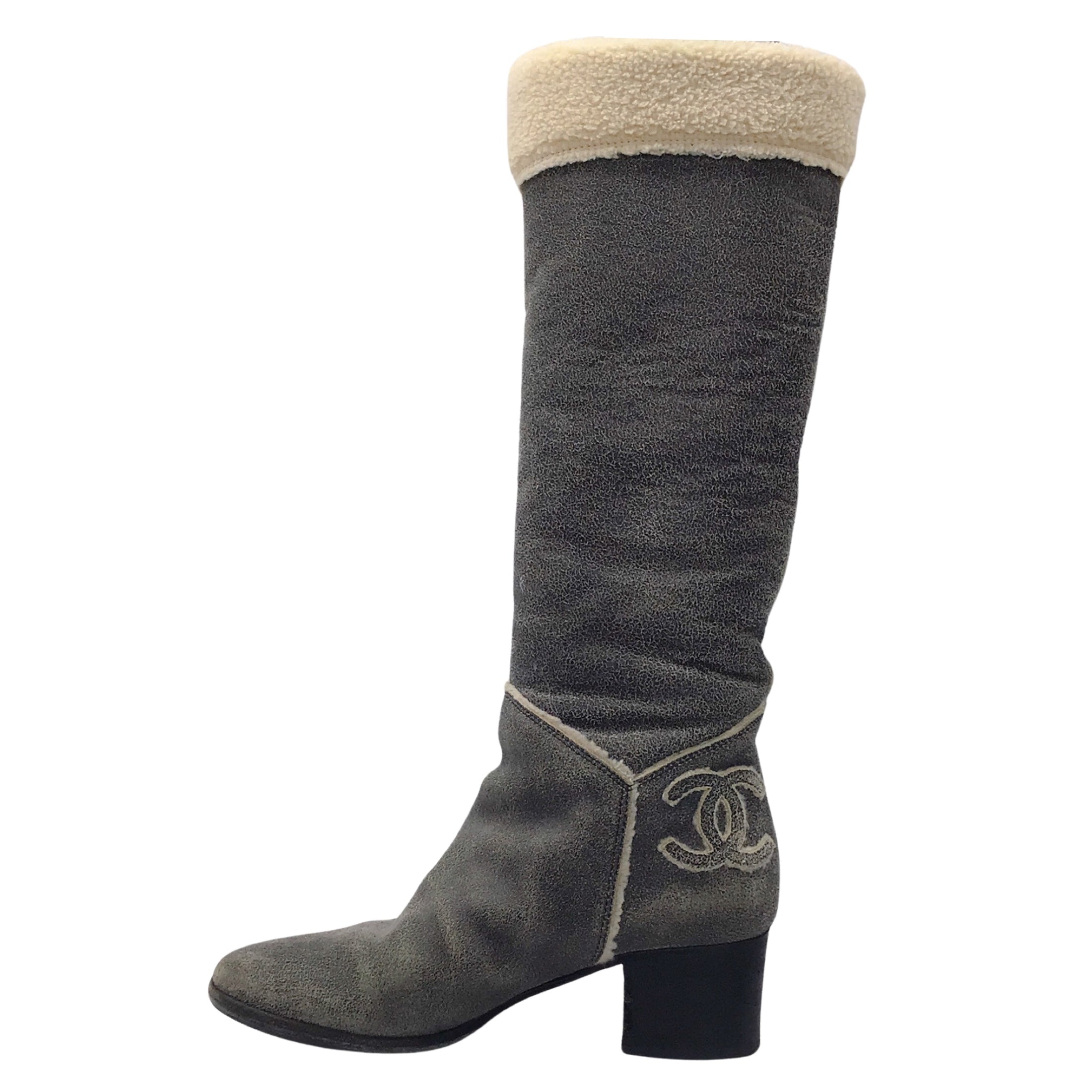 Chanel Grey / Ivory Shearling Lined CC Logo Tall Leather Boots