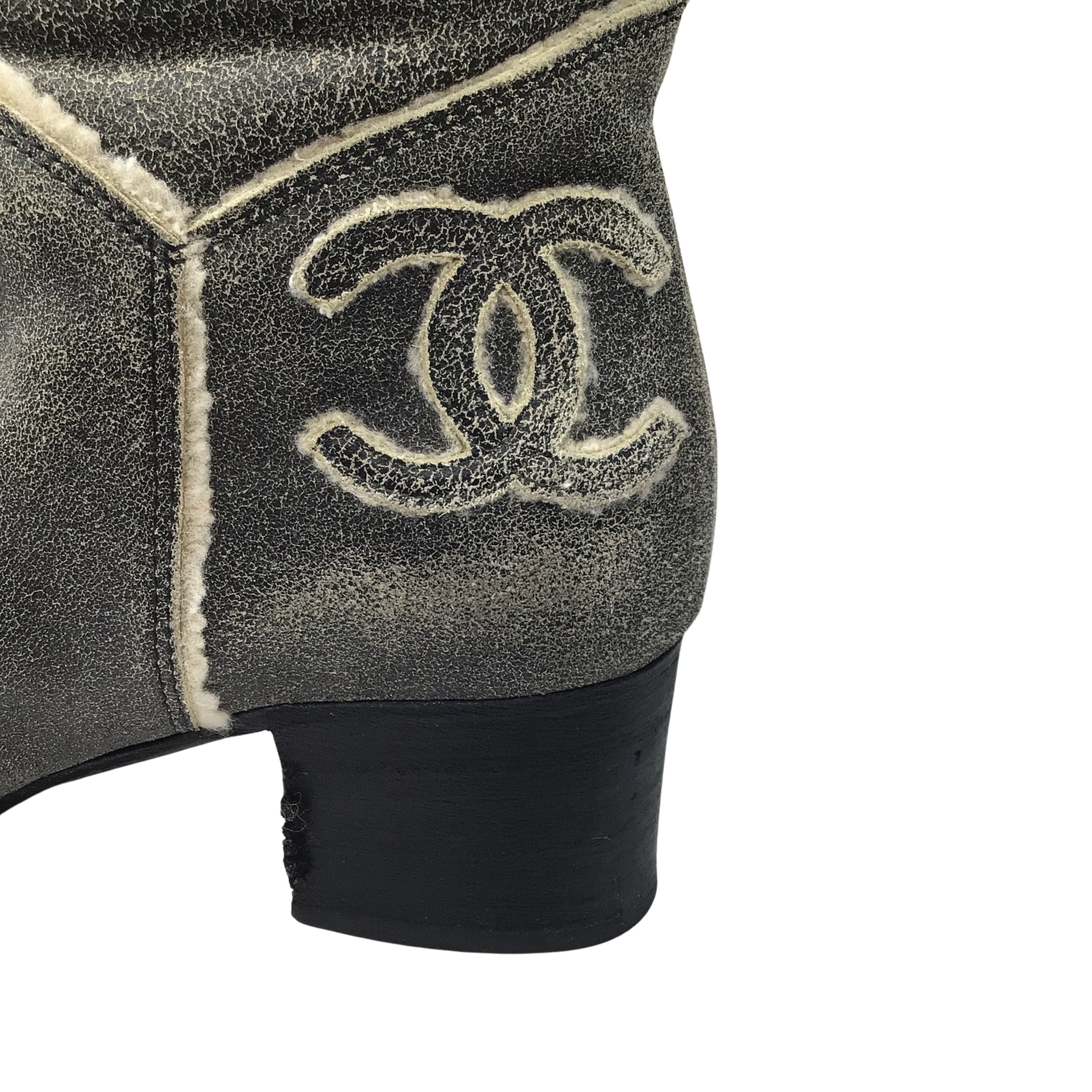Chanel Grey / Ivory Shearling Lined CC Logo Tall Leather Boots