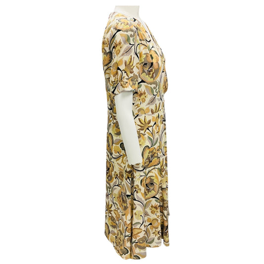 Etro Beige / Olive / Mustard Multi Floral Printed Short Sleeved Crepe Midi Dress