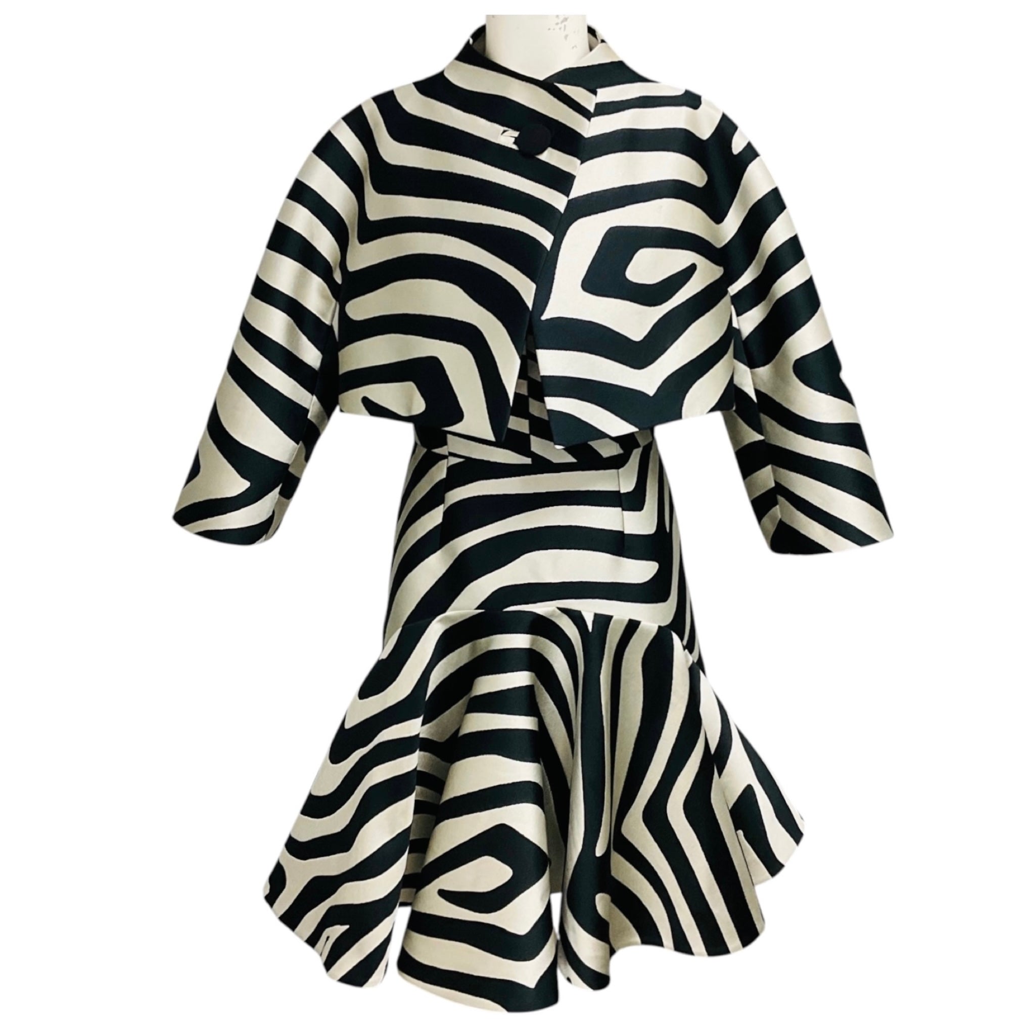 Paule Ka Silver / Black Patterned Jacquard Jacket and Cocktail Dress Set 