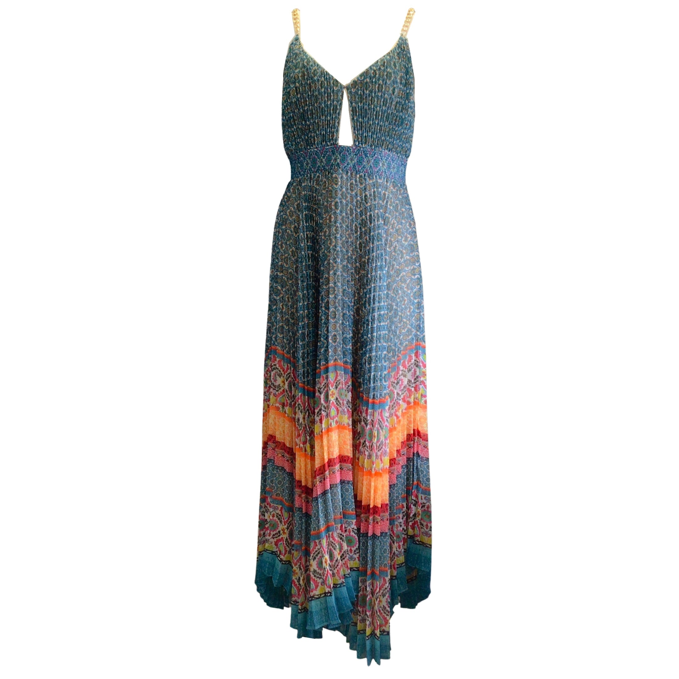 Alice + Olivia Turquoise Multi Gloria Chain-Strap Sunshower Stripe Multi Print Maxi Dress