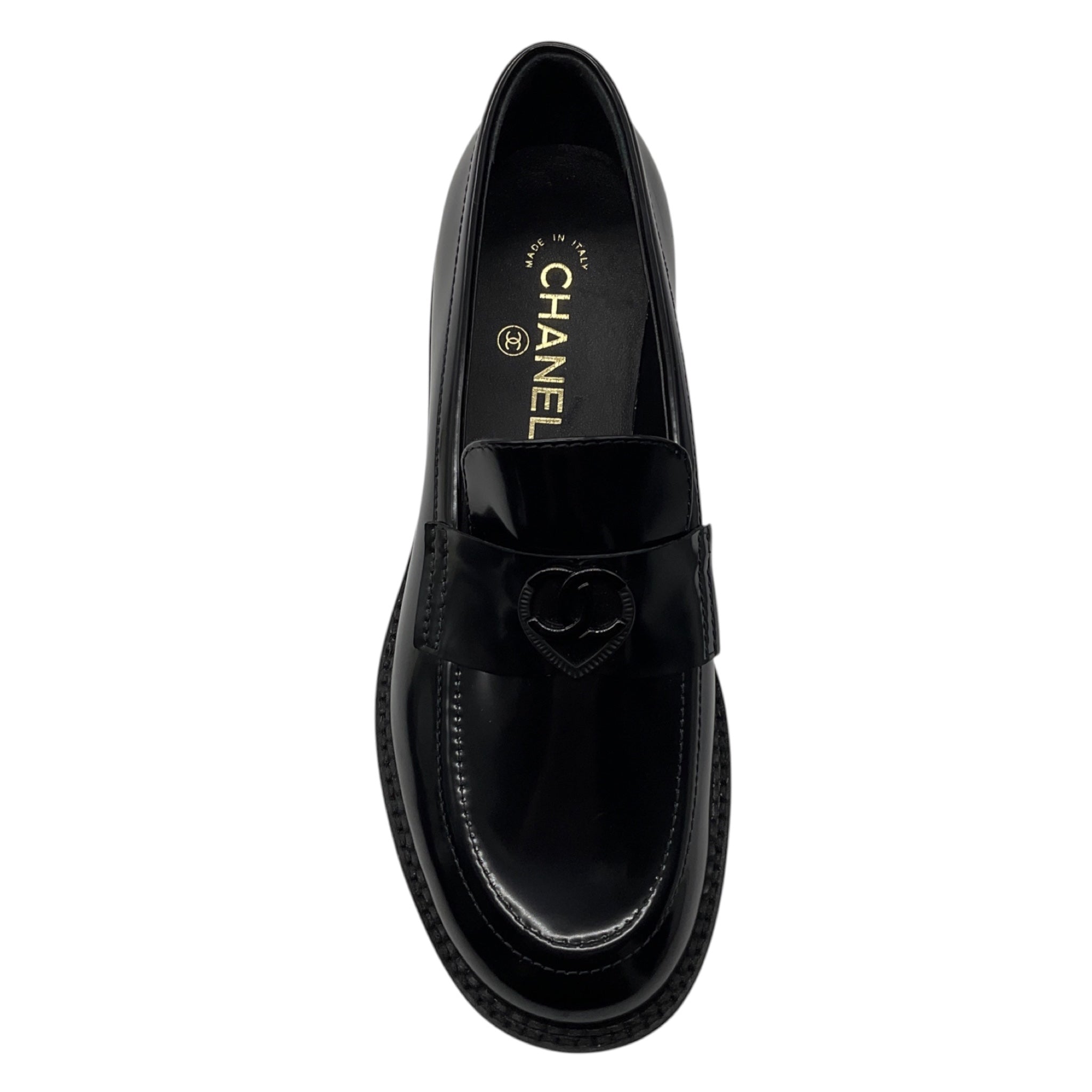 Chanel Black 2024 CC Logo Heart Classic Shiny Calfskin Moccasins / Loafers
