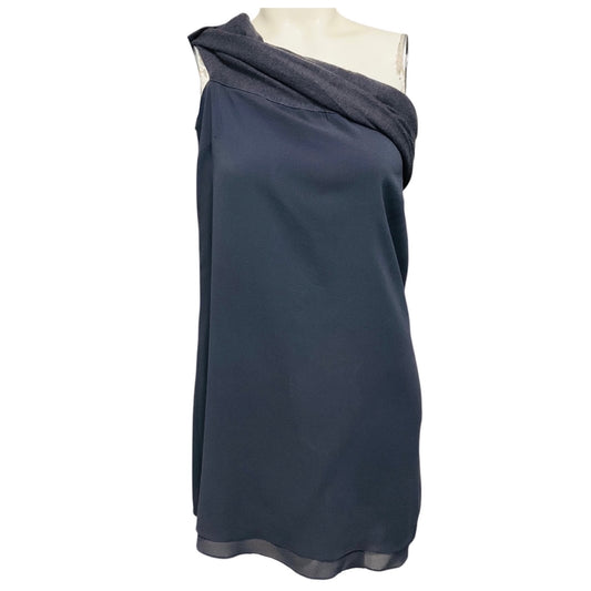 Brunello Cucinelli Slate Blue Grey One Shoulder Silk Crepe and Knit Top