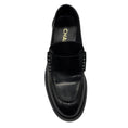 Load image into Gallery viewer, Chanel 2023 Black / Gold Logo Embellished Shiny Calfskin Leather Loafers
