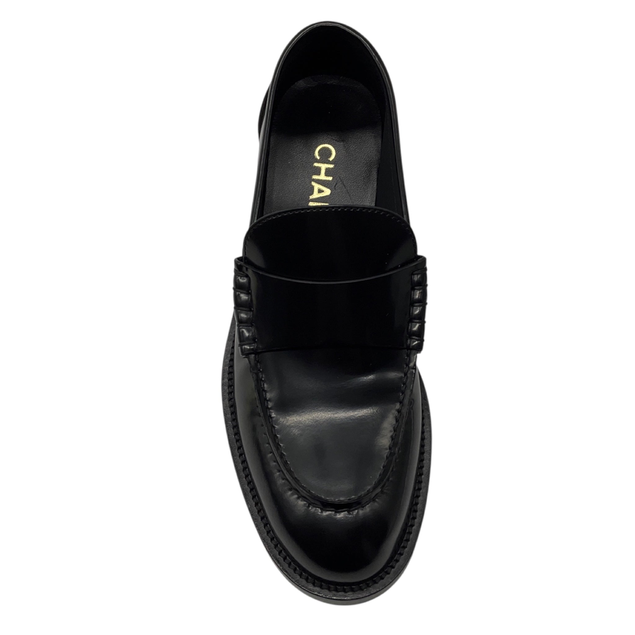 Chanel 2023 Black / Gold Logo Embellished Shiny Calfskin Leather Loafers
