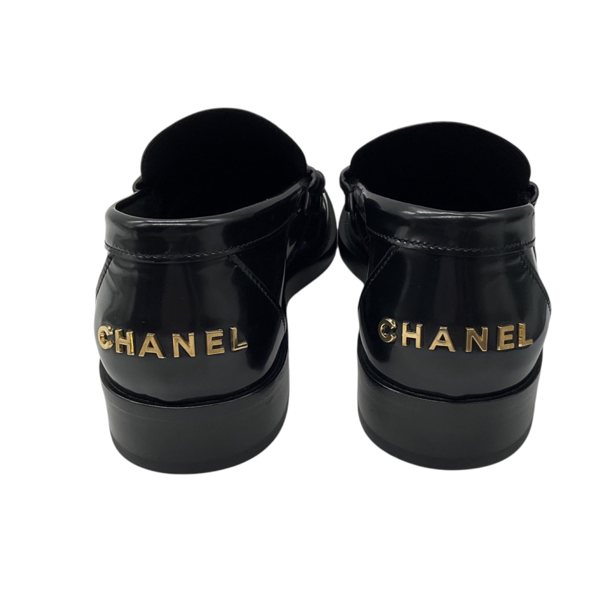 Chanel 2023 Black / Gold Logo Embellished Shiny Calfskin Leather Loafers