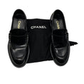 Load image into Gallery viewer, Chanel 2023 Black / Gold Logo Embellished Shiny Calfskin Leather Loafers
