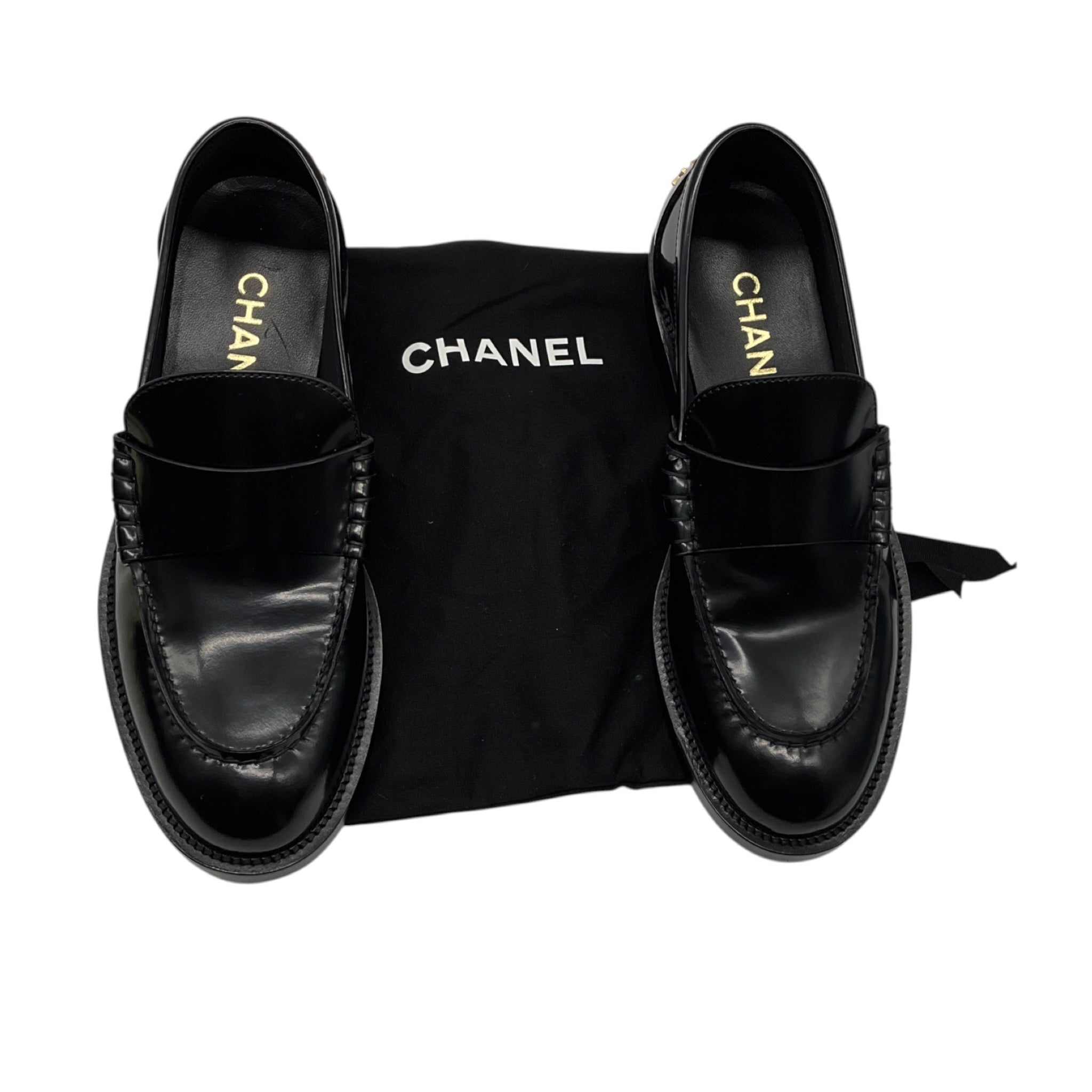 Chanel 2023 Black / Gold Logo Embellished Shiny Calfskin Leather Loafers