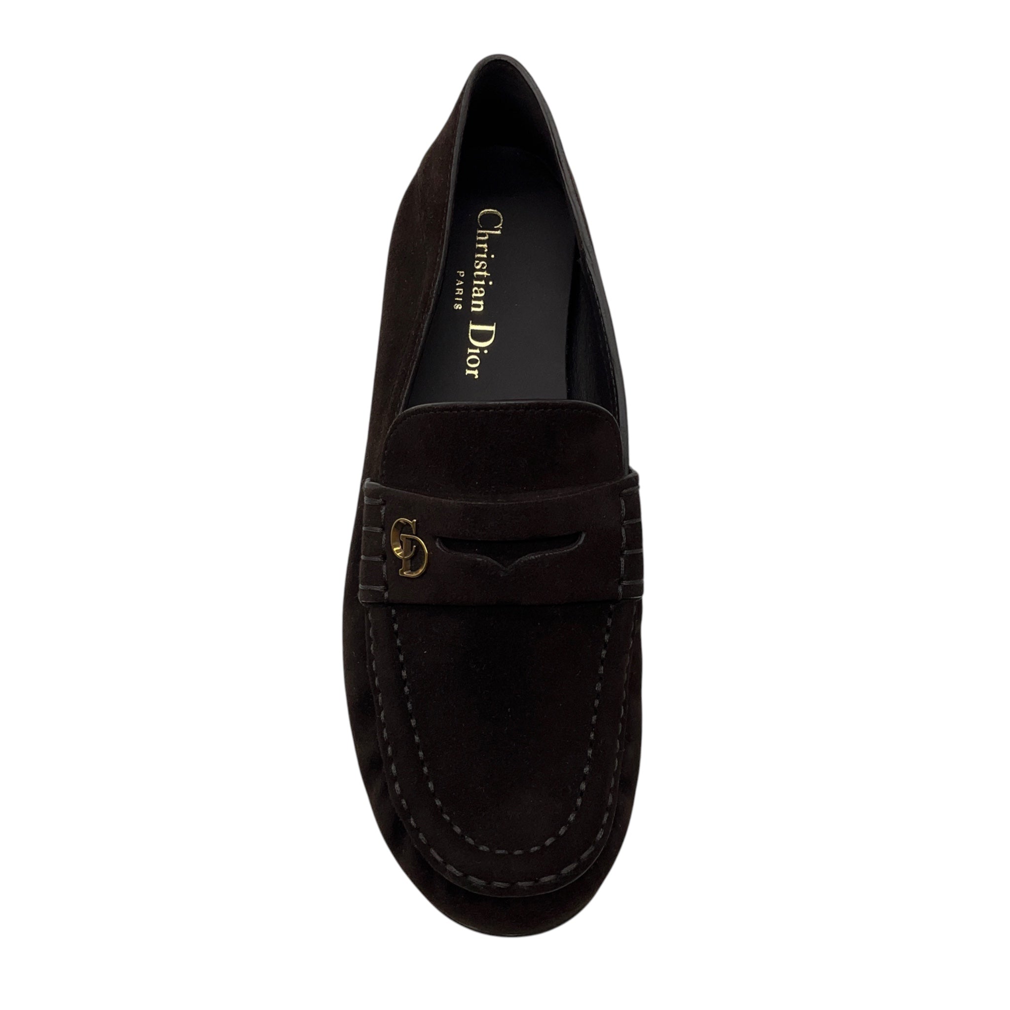 Christian Dior Brown / Gold CD Logo Embellished Suede Leather Loafers / Flats