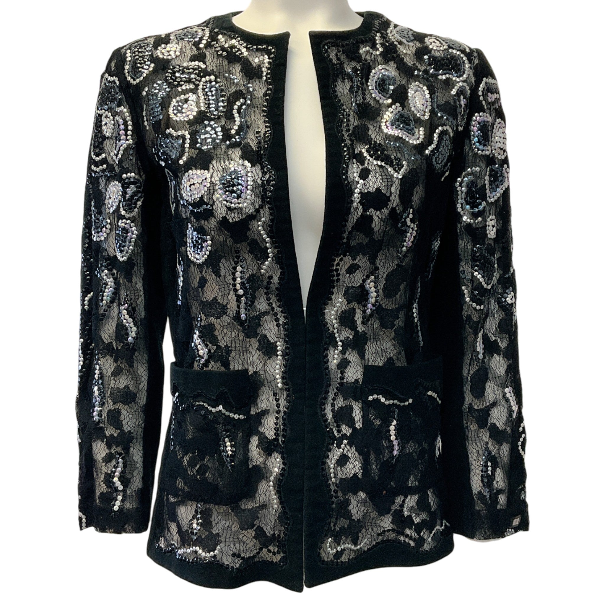 Chanel Black Velvet Silver Sequined Lace Open Jacket
