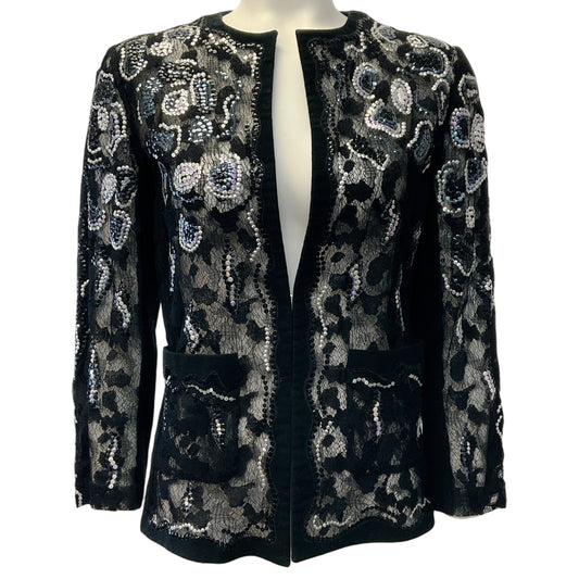 Chanel Black Velvet Silver Sequined Lace Open Jacket
