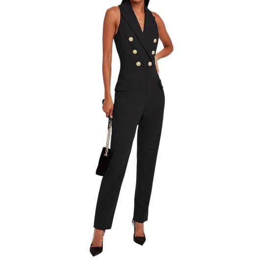 Balmain Black Sleeveless Double Breasted Wool Jumpsuit